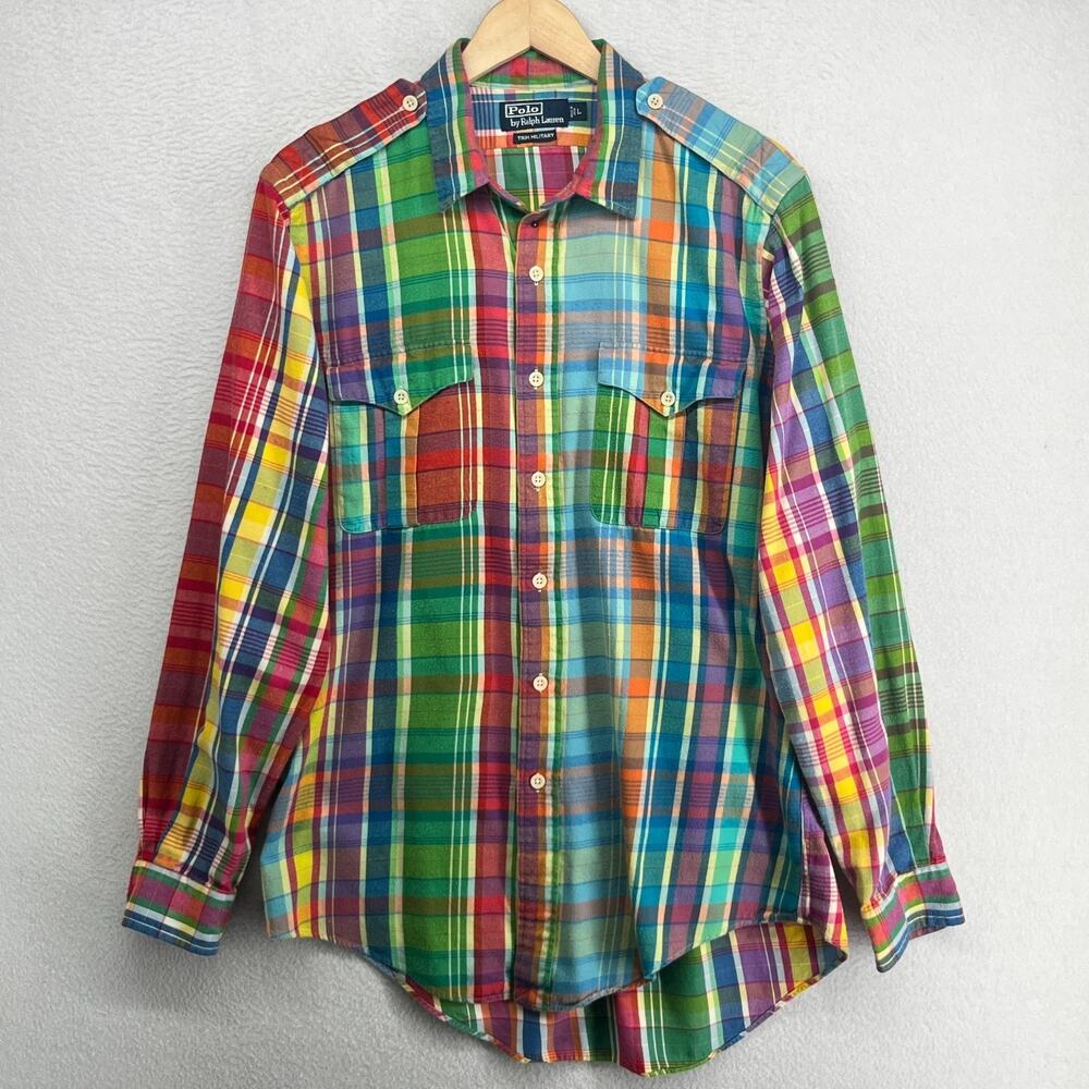 POLO RALPH LAUREN Shirt Mens L Trim Military Madras Plaid Utility Cotton Green